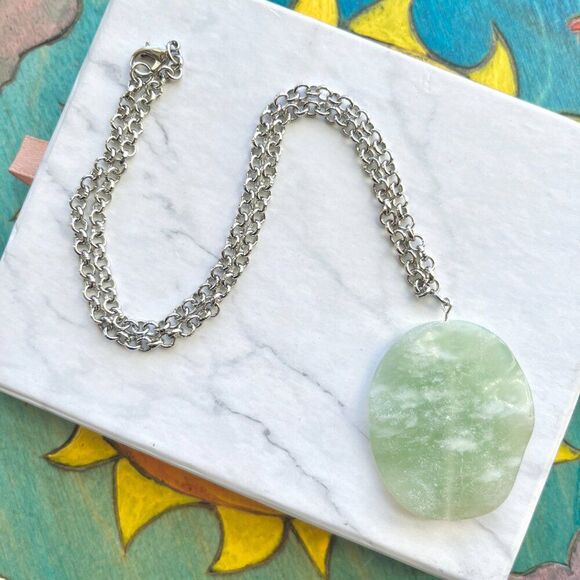 Handmade Jewelry - Jade Green Stone Oval Pendant on Silver Chain Necklace